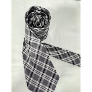 La Vita Di Moda Mens Silk Necktie Grey Black White Plaid Check Handmade Tie NWOT